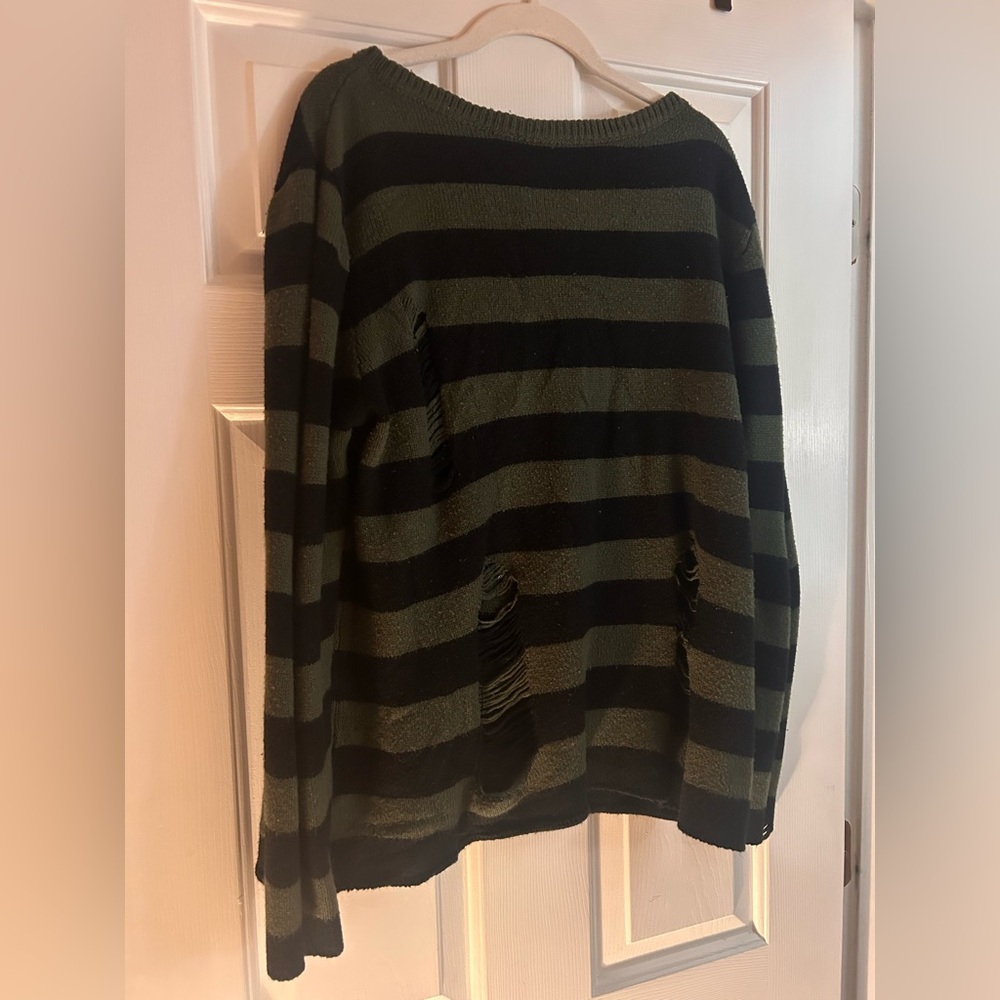 Distressed Striped Black and Green Sweater